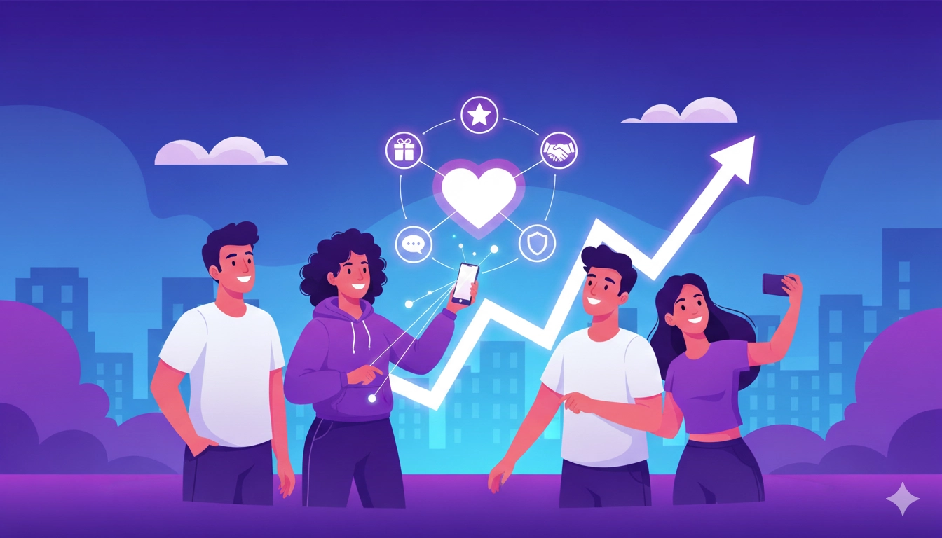 Un nuovo modo di intendere l’influencer marketing Illustrazione moderna flat design con icone social e strumenti digitali usati dai creator per condividere la propria identità digitale