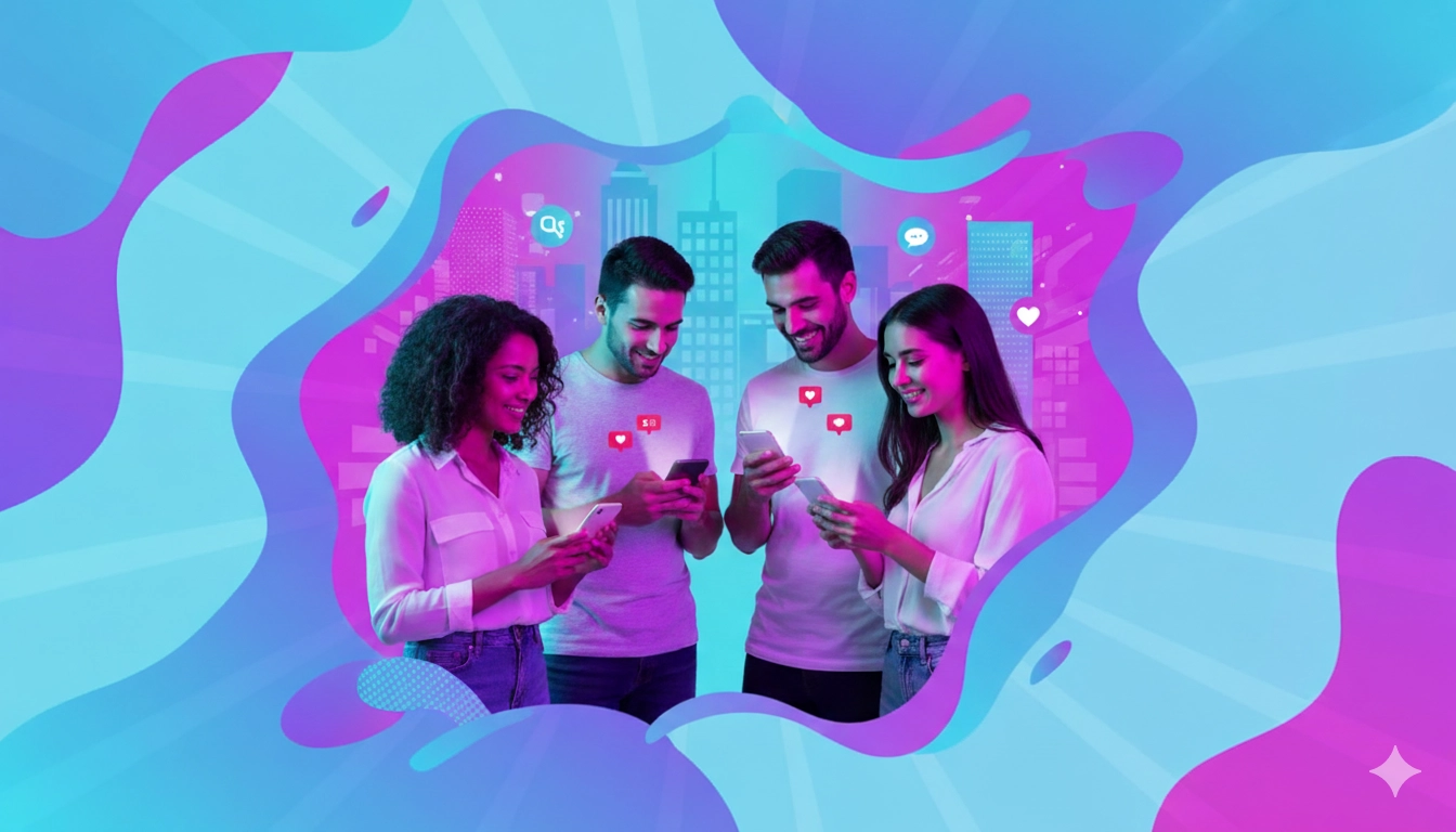 influencer-comunicazione-consapevole-social-media Gruppo di persone che interagisce sui social con smartphone, simbolo della comunicazione digitale e delle collaborazioni autentiche tra creator e brand