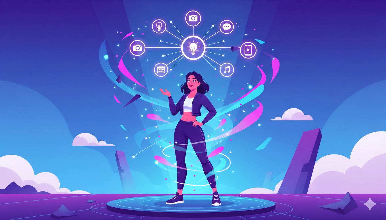 influencer-marketing-intelligenza-artificiale Illustrazione flat design di una creator digitale circondata da icone social e strumenti di intelligenza artificiale per l’influencer marketing