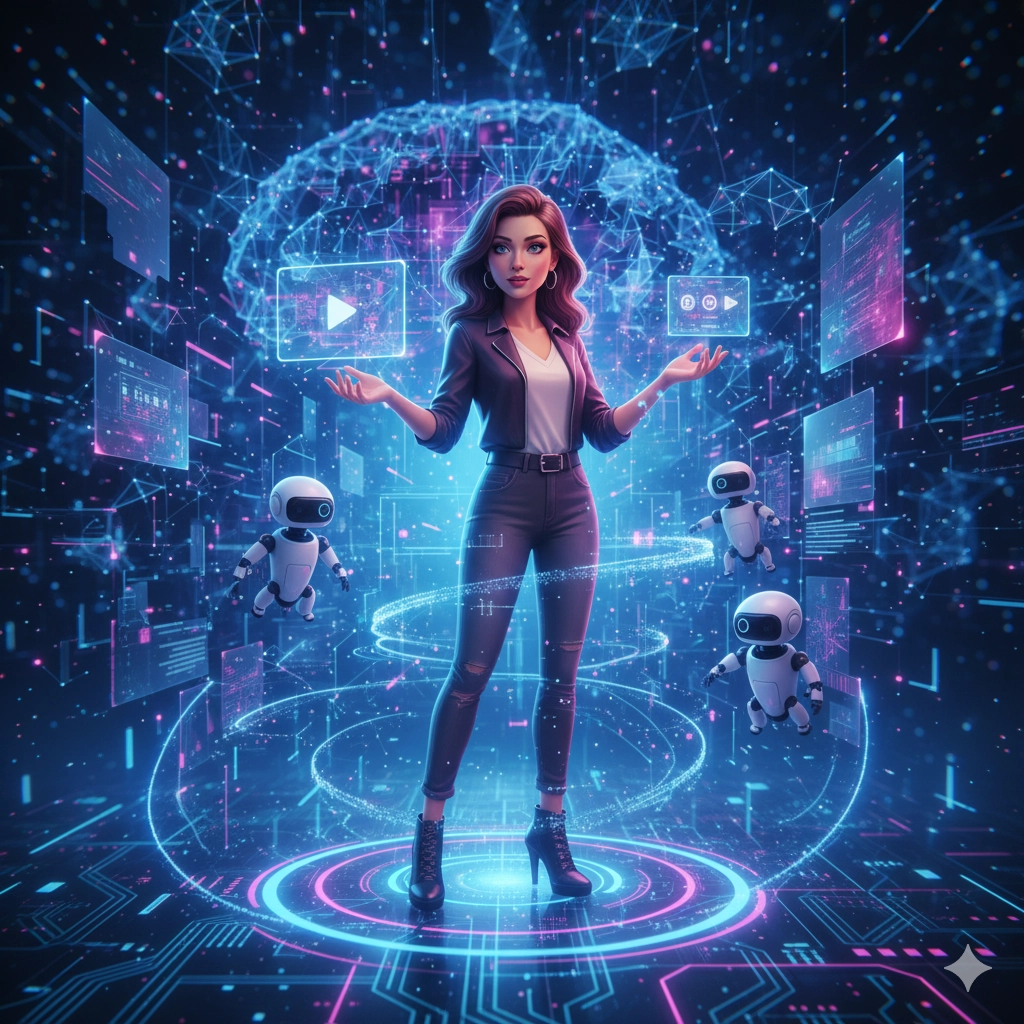 Creator digitale circondata da robot e ologrammi, simbolo dell’intelligenza artificiale generativa applicata alla creatività e allo storytelling digitale